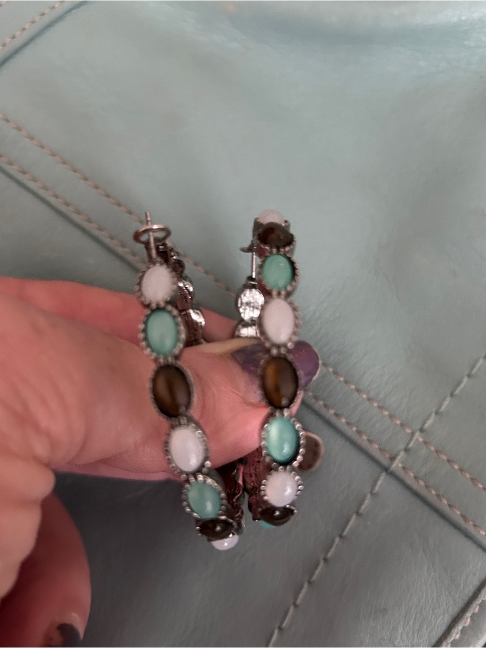 Vintage Amber, White Opal &  Turquoise Lg Hoop Earrings - Picture 2 of 7